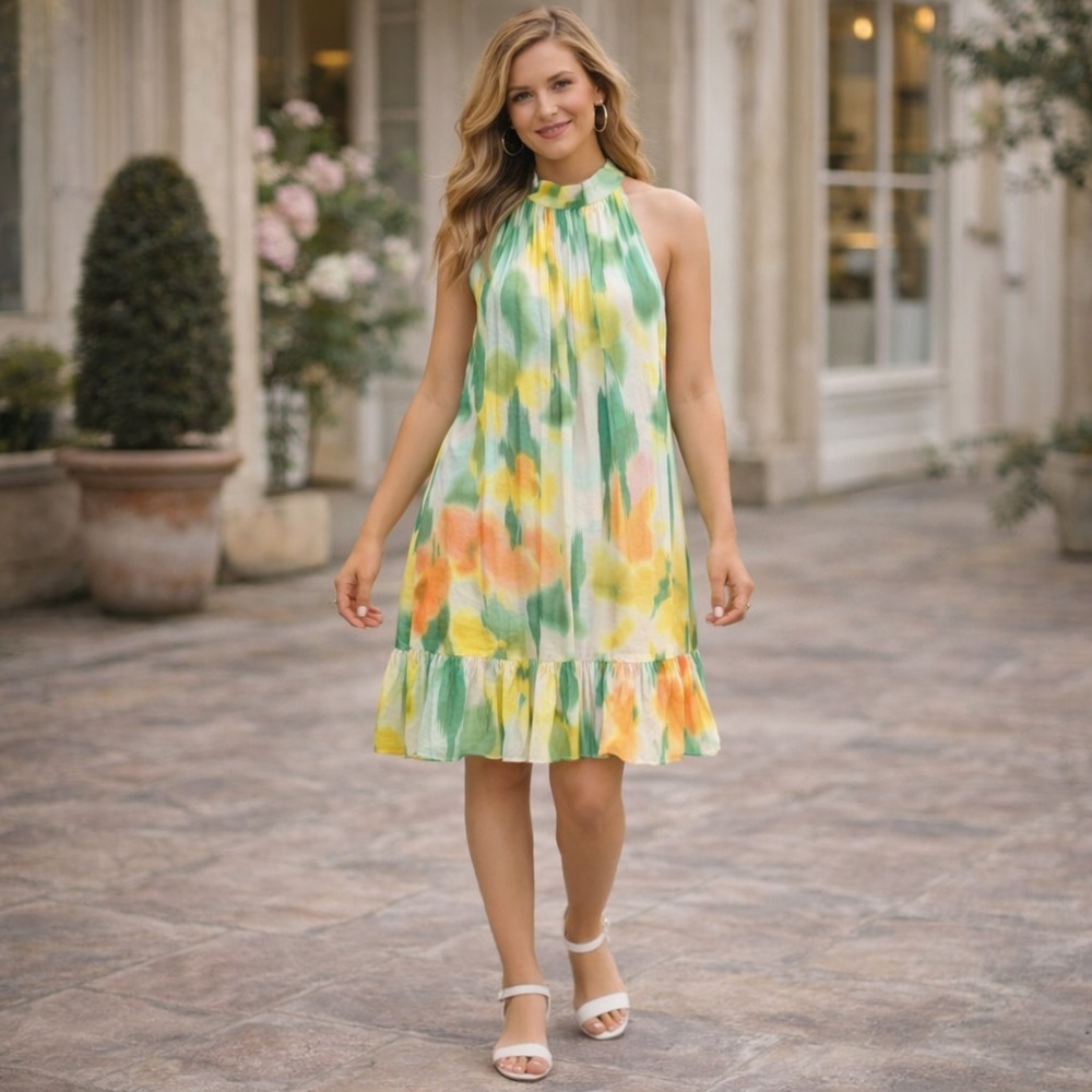 MSK New Floral Halter Dress Watercolor Tiered Rayon‎ Blend XL 93839364Z